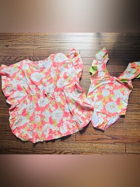 Janie and Jack Coral, White & Lime Floral Swimsuit and Cover-Up Set